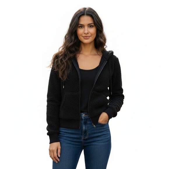Uniqlo Women's Teddy Sherpa Hoodie Sweater Zip-up Zipper Front Black Size XS - Picture 1 of 10